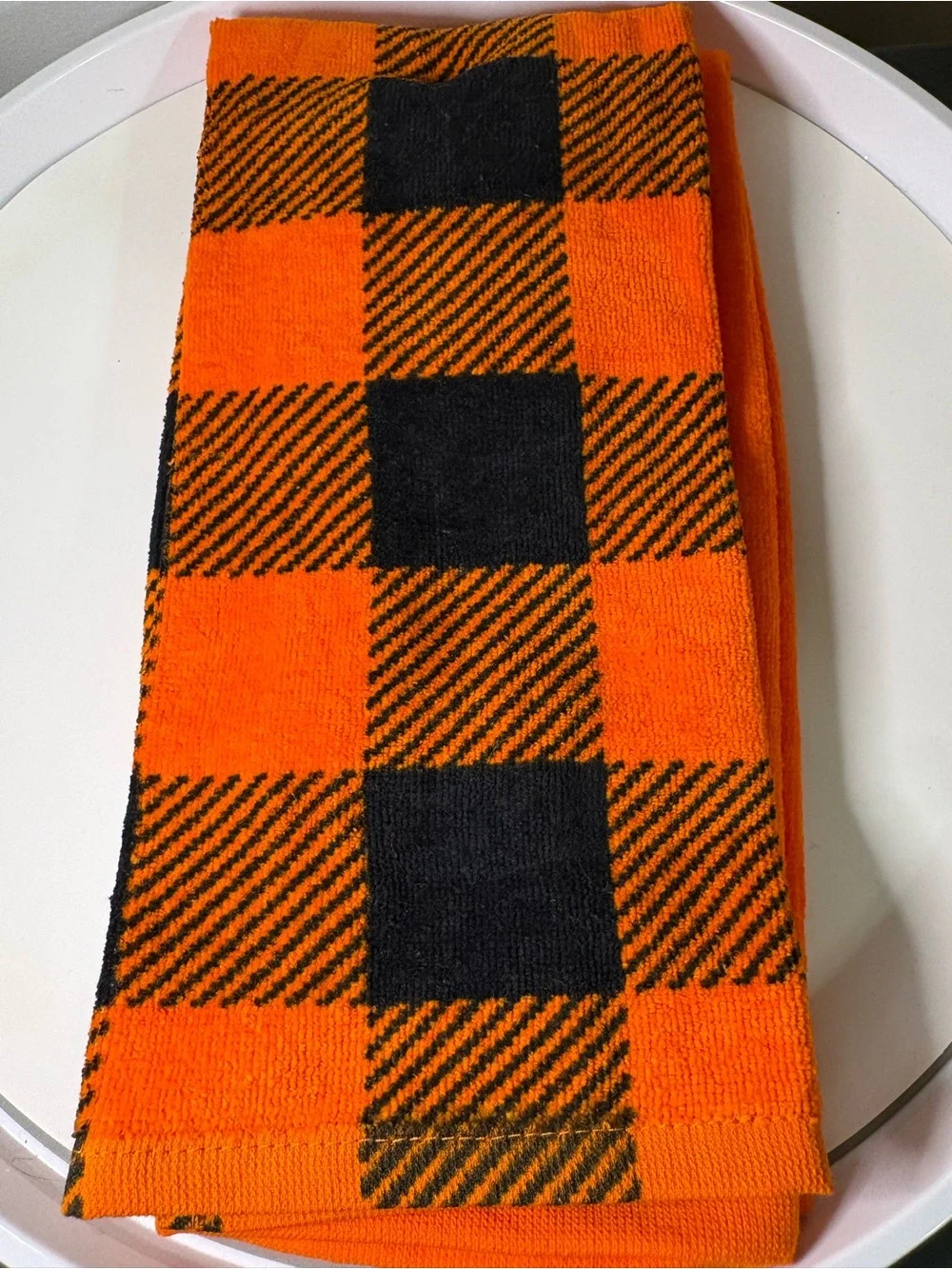 Hyde & EEK Orange and Black Buffalo Plaid Tablecloth +  Pumpkin Kitchen Towel